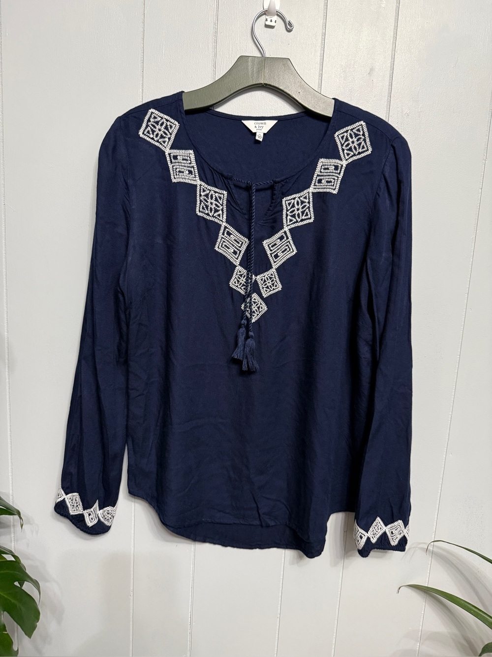 #18) crown & ivy Navy Embroidered Tassel Peasant Top